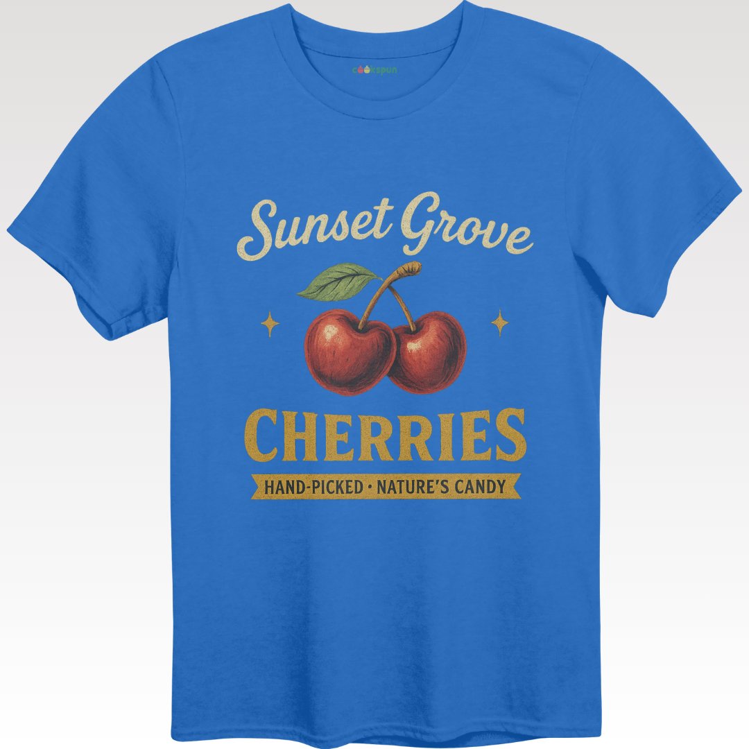 Sunset Grove Cherries Design on Blue T-Shirt product type